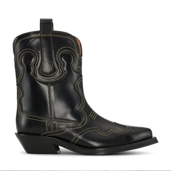 GANNI Low Shaft Embroidered Leather Western Boot Black Yellow Size 9 - Picture 1 of 14
